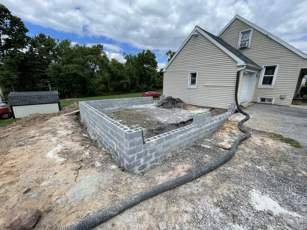 Concrete block foundation walls for an addition beside a house, block masonry