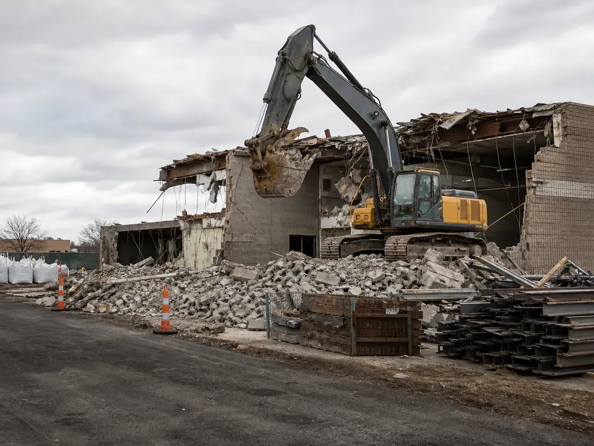 Excavator knocking down a concrete block commercial building beside rubble and stacked steel beams, building demolition
