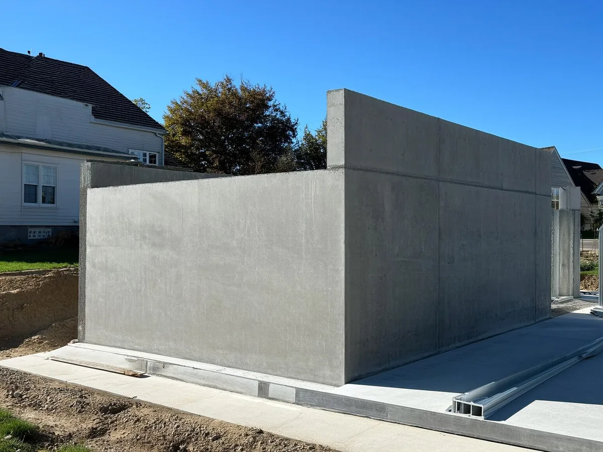 Newly stripped poured concrete walls standing on a concrete slab beside houses, concrete contractor